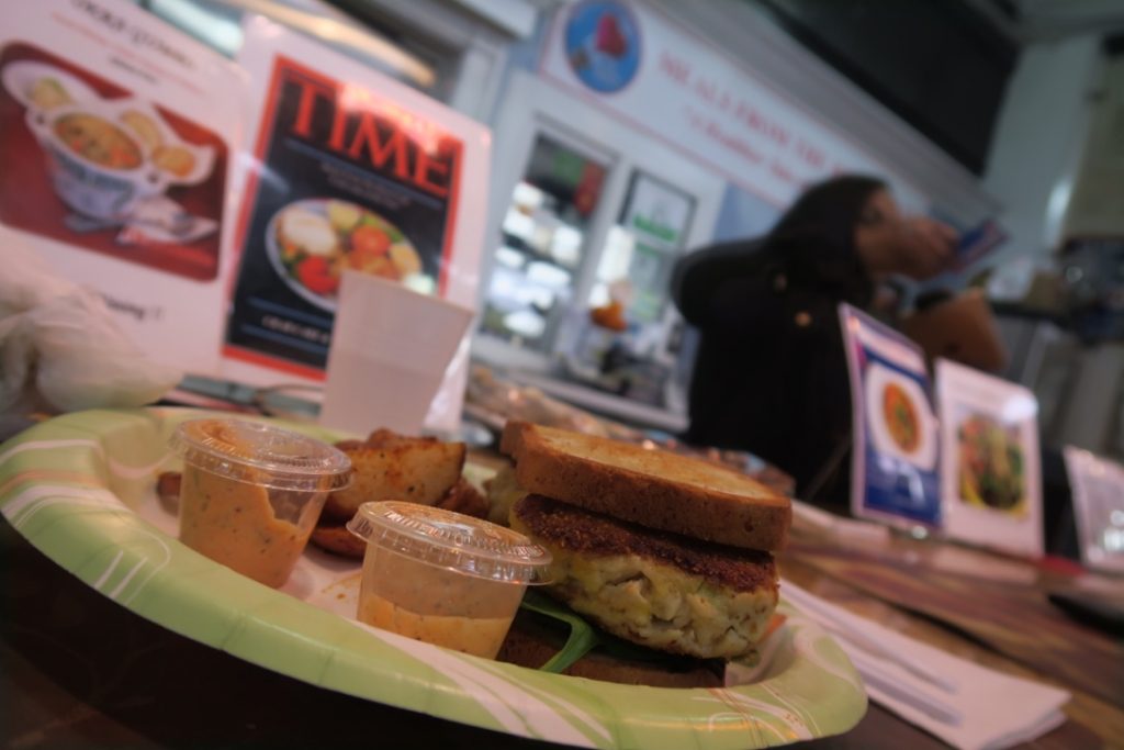 Gluten free crab cake sandwich at a street side cafe in the French Quarter 